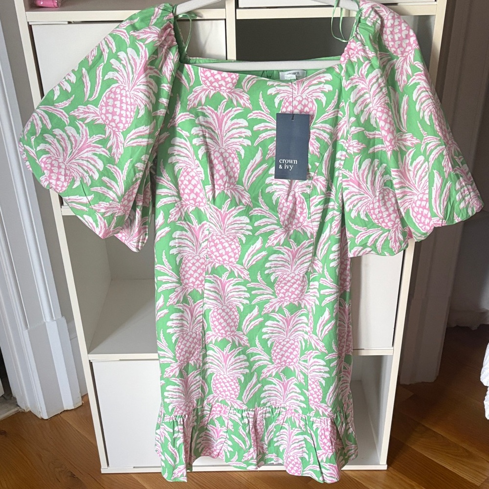 Crown & Ivy Green Dress with Pink Pineapple Print